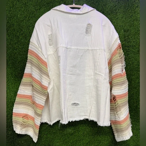 POL White Jacket with Multicolor Striped Sleeves - Picture 2 of 2